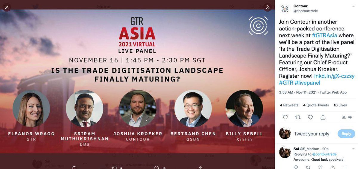 Hey Billy! @XinfinUSA 
Congrats! ⚡️🔥👊

November 16 on my calendar 📆 

#GTRAsia @contourtrade #livepanel #xinfin $xdc #buildonxdc