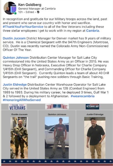 How lucky am I to get to work with these three who continue to Soldier On in all aspects of their lives. #HonoringAllWhoServed <a href="/DustinJuceam/">Dustin Juceam</a> Quinton Johnson, and Justin Eldridge. #wearecambria #ThankYouVeterans