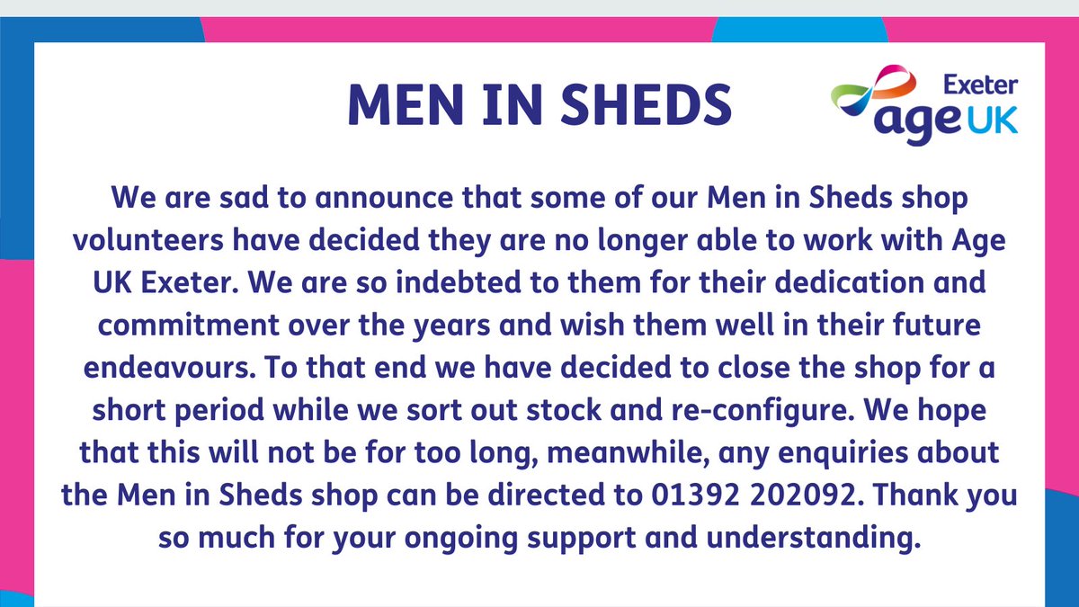 AgeUKexeter's tweet photo. Please note that our Men In Sheds shop is temporarily closed. We’ll let you know as soon as it re-opens. #exeter #ageukexeter #devon https://t.co/ptkYyI0HGY