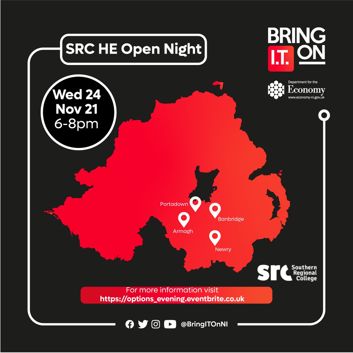 BringITOnNI's tweet photo. Our friends at @srcchat are holding a Higher Education open night on the 24th of November across their campuses from 6-8pm. Whether or not you have applied through UCAS, you can still apply directly for a higher education course at SRC.  
Register now 👉https://t.co/0xUTOW4bnB https://t.co/B4KihZYIHB