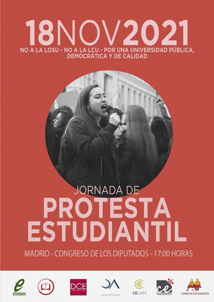 ‼️El próximo 18 de noviembre, también en Madrid, los estudiantes salimos a la calle a alzar la voz contra la reforma universitaria

🕔 A las 17:00 h

📍 Frente al Congreso de los Diputados

Por una universidad pública, democrática y de calidad.
Es momento de responder 🚩