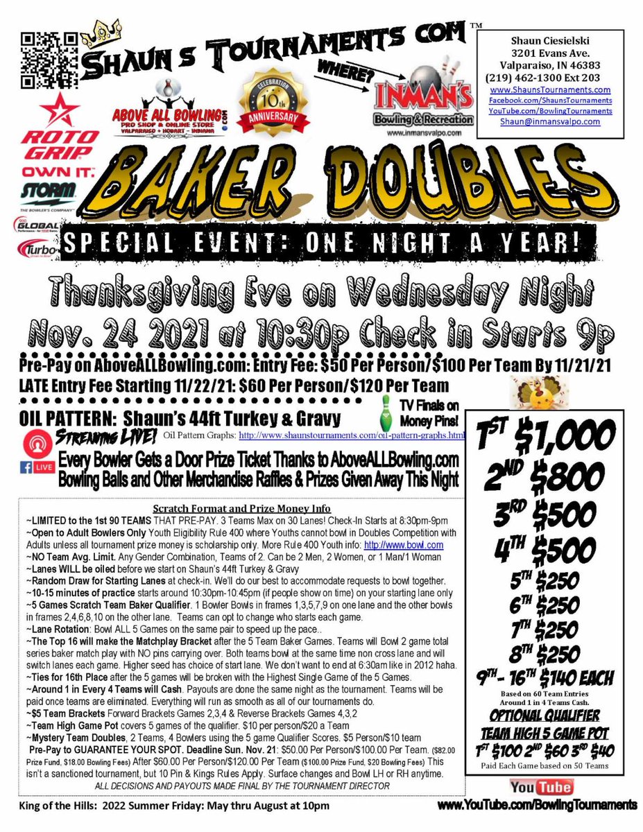 inmansvalpo's tweet photo. https://t.co/HU0CzwvpM7
10th Annual Baker Doubles Tournament Thanksgiving Eve Wed. 11/24/21 at 10:30pm. Pre-Pay NOW to GUARANTEE your spot. Stop by either Pro Shop in Valpo or Hobart or pay online at https://t.co/Usx0rj6vMm https://t.co/c32RryzEGS