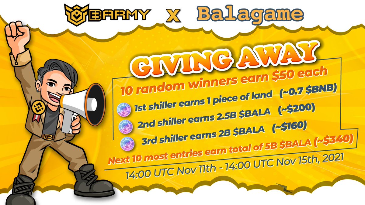 BARMYGROUP's tweet photo. .@ShambalaUni &amp; BSC Army Are Giving Away $500, 1 piece of land (~0.7 $BNB), and 9.5B $BALA (~$700)

⏰ 14:00 Nov 11 - 14:00 Nov 15 (UTC)

🎁 10 random winners earn 💵 $50 each
🥇1st shiller earns 1 piece of land (~0.7 $BNB)

Join here: https://t.co/YwQcAtEJop https://t.co/H8EnSUgZ34