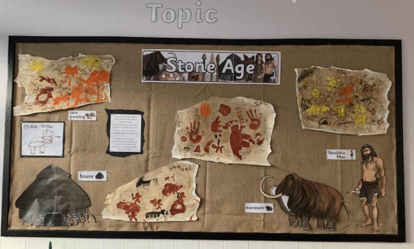 OrchardManorSch's tweet photo. Purple Class have been studying the Stone Age and they made this paper to look like the walls of old caves and then decorated it as it would have been all those years ago. #stoneageartwork #neolithicman #mamoth #thestoneage https://t.co/MA6lZ7MEfT