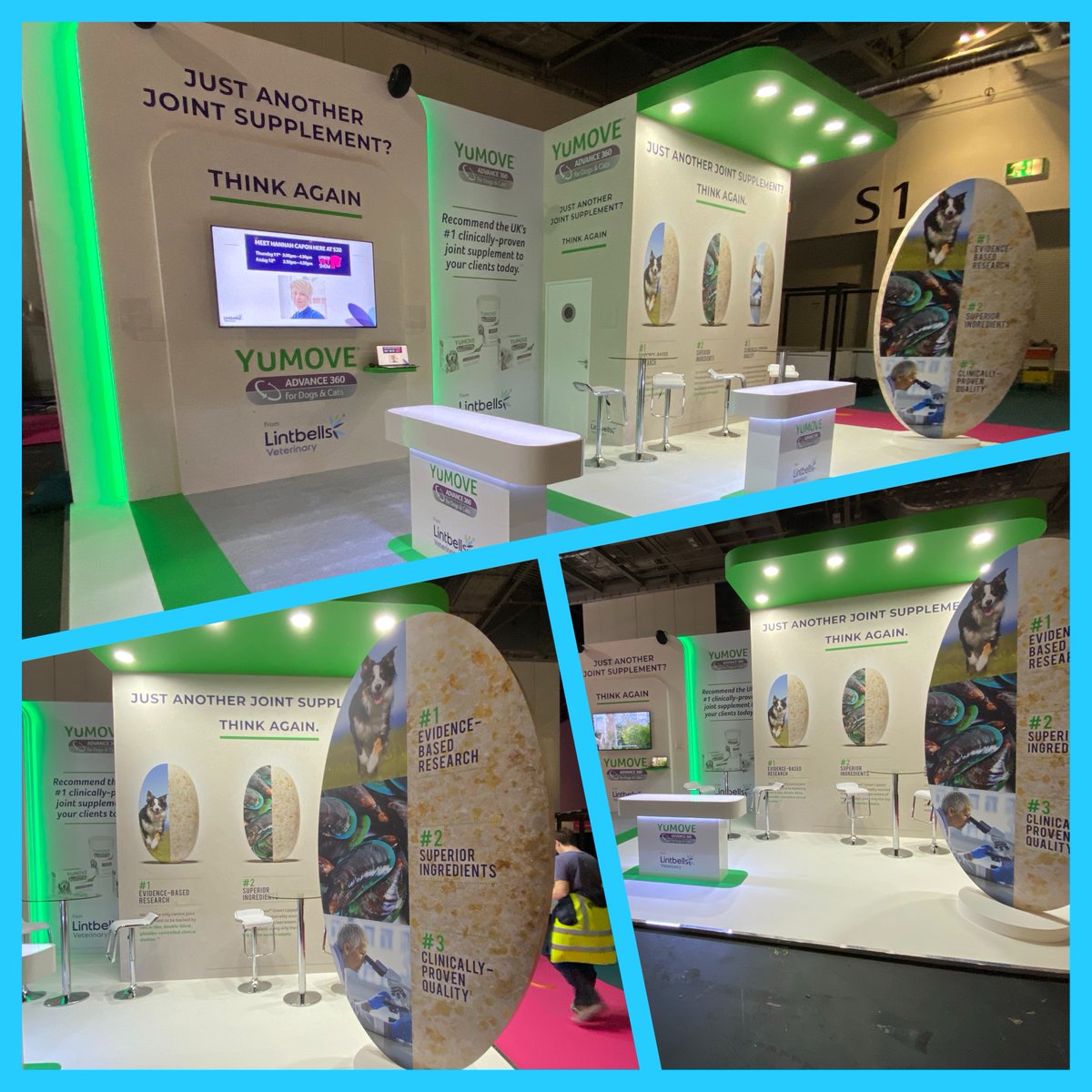 dc3design's tweet photo. First day of @VetShow comes to a close @ExCeLLondon here is our stand for long term client @LintbellsVet #Yumove #vetshow #dc3design https://t.co/tHnJqXS9jZ