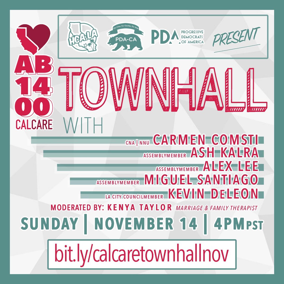 hc4us_org's tweet photo. THIS SUNDAY!
REGISTER NOW!
https://t.co/SFpbfGGXqK
AB1400 CalCare Townhall
Presented by:
@HCAlosangeles
@pda_california
@progressivedemocratsofamerica
With:
@CalNurses Carmen Comsti
@ash_kalra
@alex_lee
@SantiagoAD53
@kdeleon
#SaveTheDate #TownHall #supportcalcare https://t.co/Rh7XAxiIDC