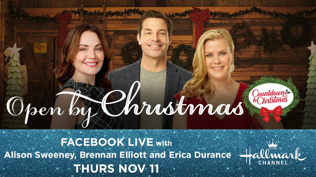 hallmarkchannel's tweet photo. Join @Ali_Sweeney, @brennan_elliott and @ericadurancetv LIVE today at 10:00am PT as they talk about #OpenByChristmas! Drop your questions below for the all new #CountdownToChristmas movie 🎁 https://t.co/S2sBcvRunD