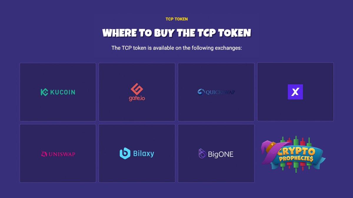 crypto_prophets's tweet photo. 💰 TCP is the 🗝️ to an awesome #CryptoProphecies experience🔥
Get it on these exchanges today!
✅ Kucoin
✅ https://t.co/TTcslMhVTK
✅ UniSwap
✅ Bilaxy
✅ BigONE
✅ TimeX
✅ QuickSwap
Or use @MoonPayHQ directly in the DApp to buy crypto to swap for $TCP on @QuickswapDEX! https://t.co/O6xieT8J48