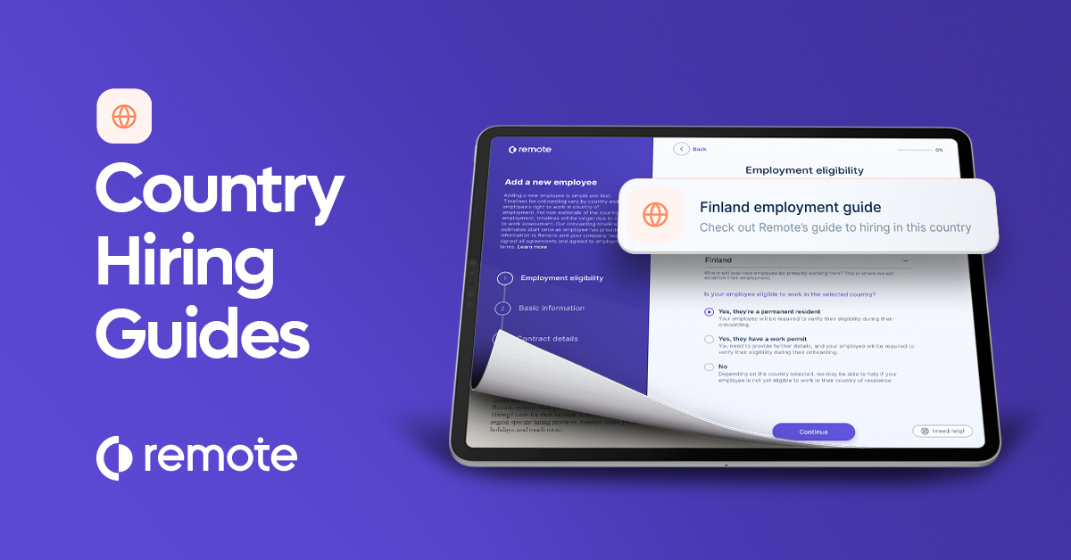 remote's tweet photo. Hiring in a new country may come with a lot of unknowns, but we’re here to help!

When adding a new employee, we'll provide a link to our Country Hiring Guide for their location with region-specific: 
🎯 hiring practices
🗂 benefits
💸 taxes
⛱ public holidays
📦 and much more! https://t.co/NgtM662AvK