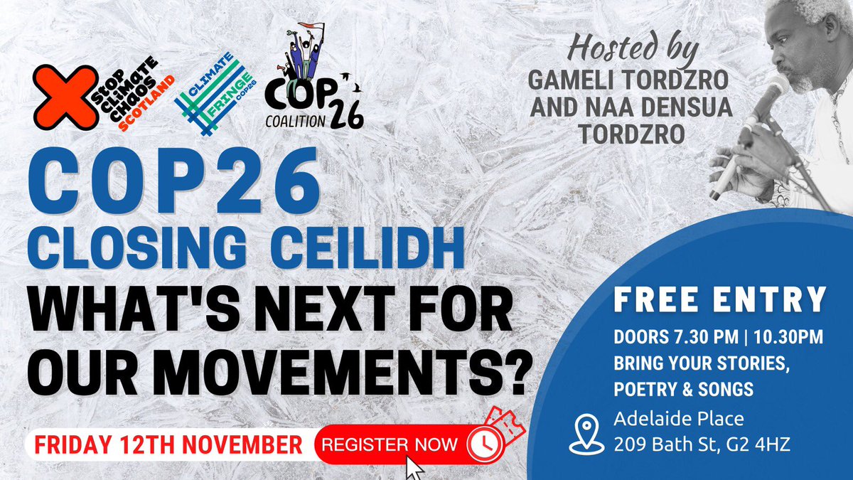 📣 TOMORROW - #COP26  Closing Ceilidh at 📍209 Bath St. 

Let's chat, dance and fave some fun!
No need to book!
#GlasgowCop26 #glasgowevents