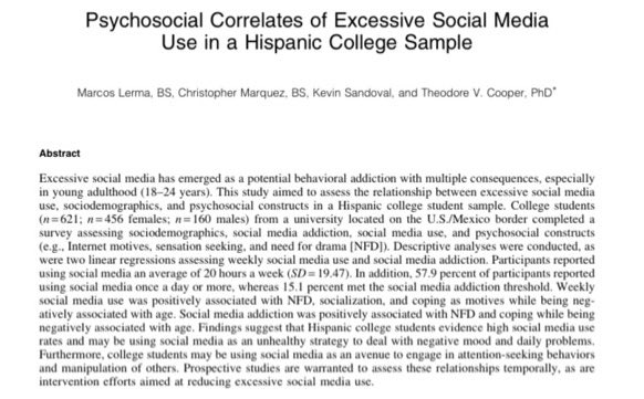 PATCHLab_UTEP's tweet photo. A study of 621 Hispanic college students found that these students frequently use social media (20 hrs/week) and may do so to mitigate negative mood and daily challenges.
https://t.co/7Cel92Euau #PATCHlab @UTEPPsychology https://t.co/wiuWkoQ3XO