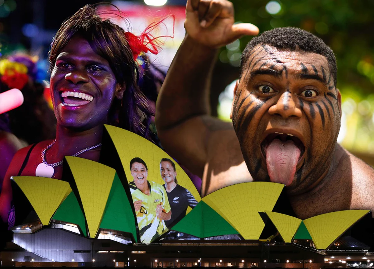 Small photo of Sydney Opera House lit up in green and gold with Matilda Captain Sam Kerr and NZ Captain Ali Riley projected alongside each other in the centre. In the background are 2 larger photos blended together, to the left is a Tiwi island sista girl with a giant smile and to the right is a Māori man in a Haka position sticking his tongue out (Pūkana).  Both are celebrating in the march at Sydney Mardi Gras. 