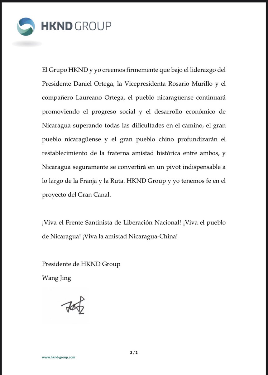 📃 Mensaje del Sr. Wang Jing, Presidente del Grupo HKND, felicitando al Pueblo y Gobierno de #Nicaragua por la gran Victoria Popular.

<a href="/FloryCantoX/">Flor y Canto 🇳🇮</a> 

#UnidosEnVictorias
#DanielSiempreAlFrente