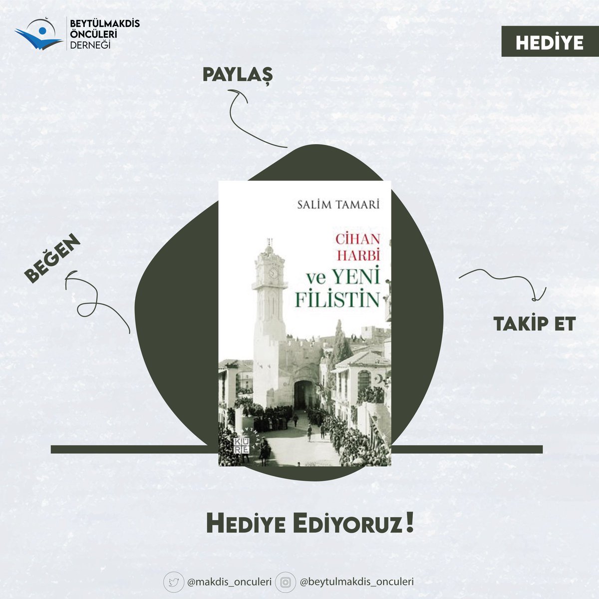 | Hediye 📚

Küre yayınlarından, Müttalip Tütüncü'nün tercüme ettiği, Salim Tamari'nin "Cihan Harbi ve Yeni Filistin" kitabını bir kişiye hediye ediyoruz! 

Yapmanız gerekenler: 

📌Hesabımızı takip etmek.
📌Bu tweeti retweet etmek ve beğenmek.

Sonuçlar: 16 Kasım Salı 22.00🌿