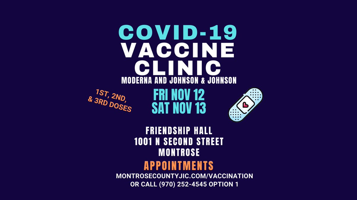 Our Friday clinic is almost full but we still have room for you on Saturday 11/13/21. Visit montrosecountyjic.com/vaccination or call (970) 252-4545 option 1 to make your 1st, 2nd, or 3rd dose appointment.