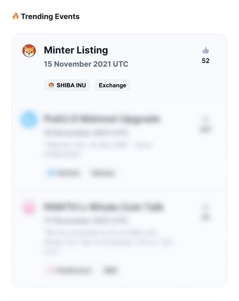 MinterTeam's tweet photo. 🔥 Vote for the top 1 trending event on @CoinMarketCap

The listing of @Shibtoken on Minter has become the most trending event on the CMC calendar’s homepage!
https://t.co/2C9dPvx7NO

To show your support, find the event by date (November 15) and cast your epic upvote 👍

#SHIB https://t.co/hbLDTZ3Sjo