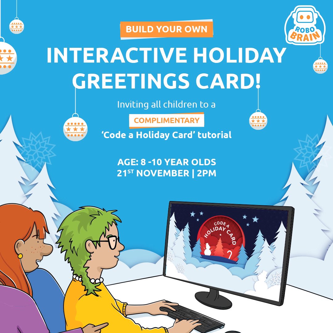 RoboBrainUK's tweet photo. This #HolidaySeason we are offering a Free Public #Coding Lessons open for everyone to join. Your child will get the chance to create their own Digital #GreetingCard which you can download and share with your friends and family! Bring on the #festivefeels

https://t.co/f7viQPfwpH https://t.co/nVW6UfWzGV