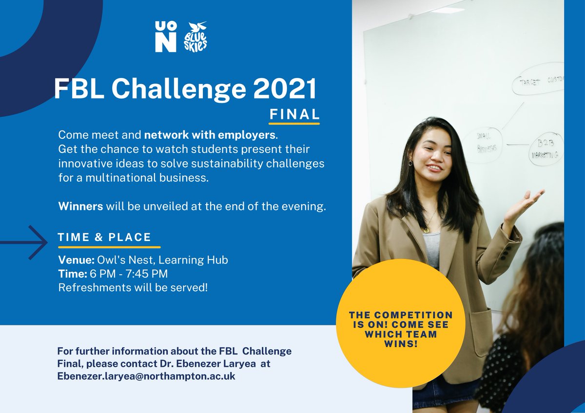 UniNhantsNews's tweet photo. On 17 Nov #Climatechange & commerce will collide as @UniNorthants students pitch their big ideas to create sustainable business practices to @blueskiesfruit & @_kejones1 in the #FBLChallenge21.
Join the #Networking event & support fellow students.
👉 https://t.co/lSDfcS8ieD https://t.co/0kFMzbVAXf