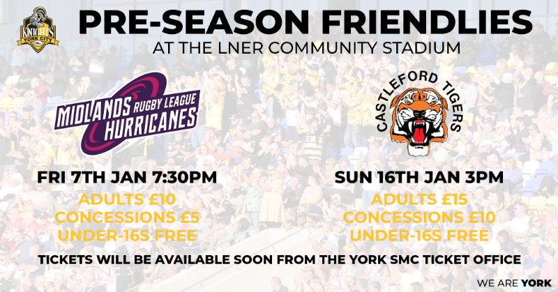 YorkRLFC's tweet photo. 🔒ed in!

We will be hosting two pre-season friendlies at the @LNER Community Stadium in January with both @HurricanesRLFC (7th January, 7:30pm) and @CTRLFC (16th January, 3pm) visiting!

#WeAreYork⚔️