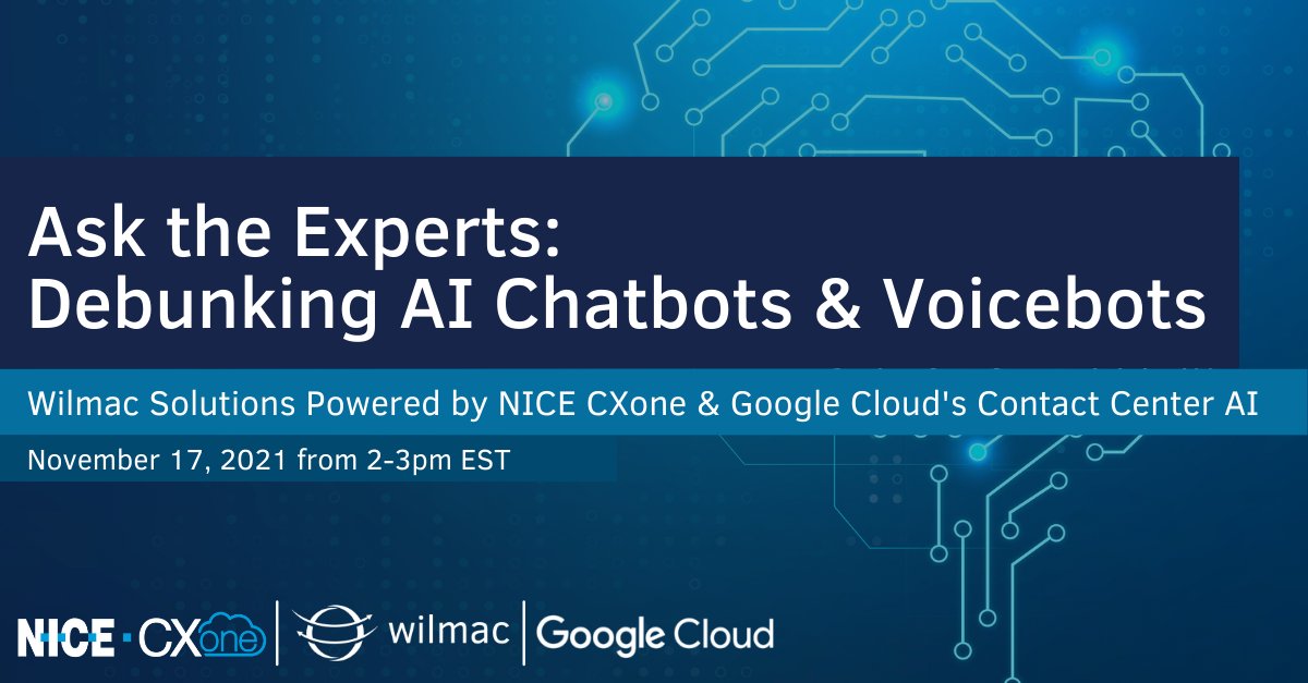 CXBauserman's tweet photo. Join @NICECXone, @WilmacCompany, and @googlecloud for an exciting webinar, “Ask the Experts: Debunking AI Chatbots”, as they debunk common myths surrounding #AI, voicebots, and #chatbots.
 
Register and join us >> https://t.co/7F9h37FWTm
 
#cloudplatform #CXone #contactcenters https://t.co/4dNh8UX59O