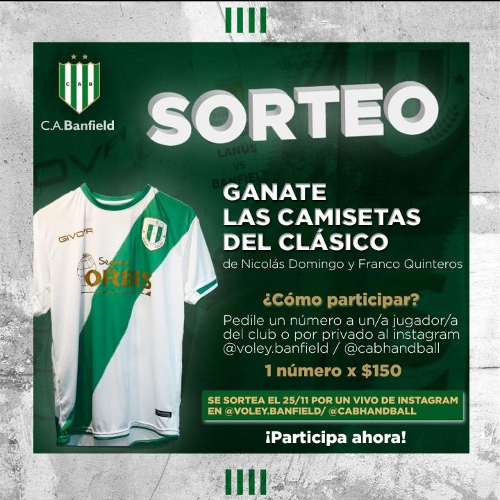 ¡GRAN SORTEO! ¿Te querés ganar la camiseta de #Banfield 🇳🇬 que se usó en el clásico con Lanús?. Nuestras jugadoras y nuestros jugadores estarán vendiendo los números.
Contáctate con nosotros, para saber cómo conseguir tu número. ¡NO TE LO PIERDAS!