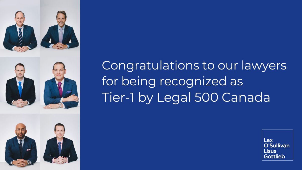 .<a href="/LaxOSullivan/">Lax O'Sullivan Lisus Gottlieb LLP</a> is pleased to be, once again, recognized by <a href="/thelegal500/">The Legal 500</a> as a Tier-1 Firm in Dispute Resolution, as “one of Canada’s premier dispute resolution boutiques,” with “some of the most creative and tactfully aggressive lawyers in Canada.”  bit.ly/3n1Pqu5