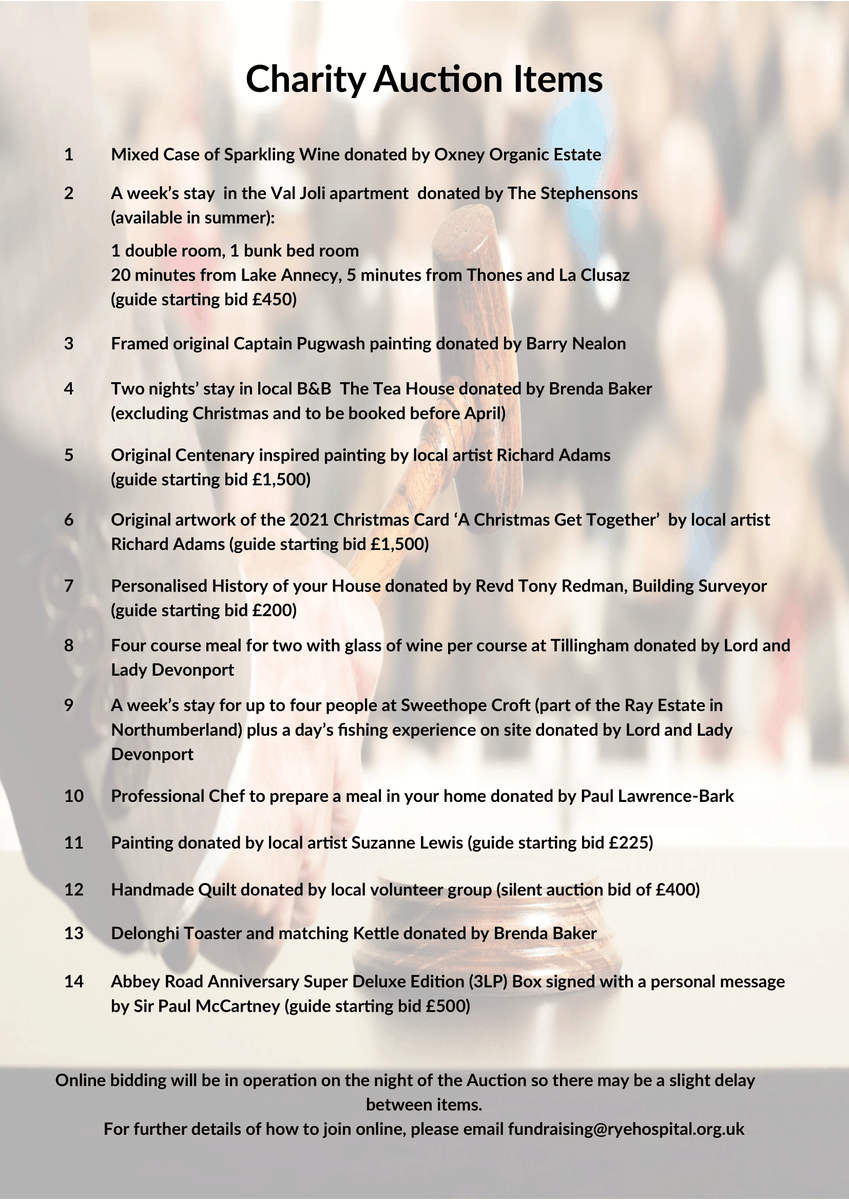 RyeHospital's tweet image. CHARITY AUCTION UPDATE - final list of auction items released. Full details available at ryehospital.org.uk/wp-content/upl…. Two tickets now available for the live event or you can still register to bid online. Please contact Fran Clent at fundraising@ryehospital.org.uk or on 01797 228842.