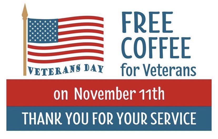 In appreciation for your service we would like to offer a free cup of organic, fair trade coffee to our veterans. Any size, all day! Happy Veterans Day and thank you!