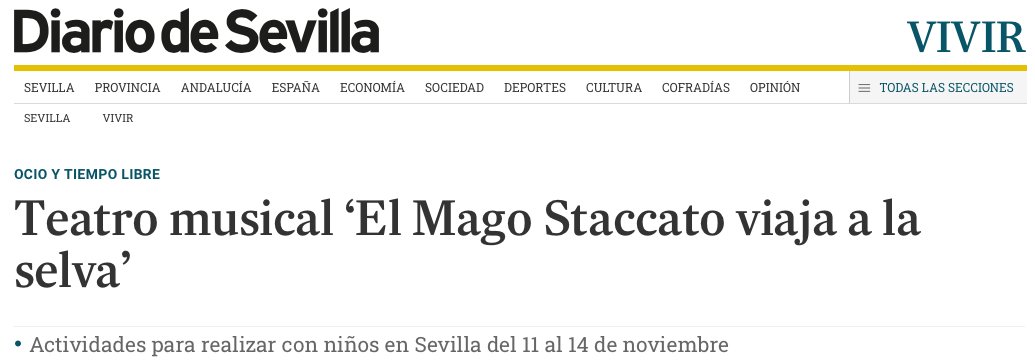 OCIO Y TIEMPO LIBRE-Teatro musical ‘El Mago Staccato viaja a la selva’ por el Diario de Sevilla 
diariodesevilla.es/vivirensevilla…
<a href="/diariosevilla/">Diario de Sevilla</a>