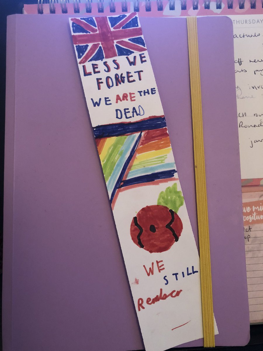 Love that Jim comes home full of enthusiasm to tell me about the ‘In Flanders Fields’ poem &amp; has even tried to include the Pride flag with the Union Jack on his bookmark. It’s being kept alive #RemembranceDay2021