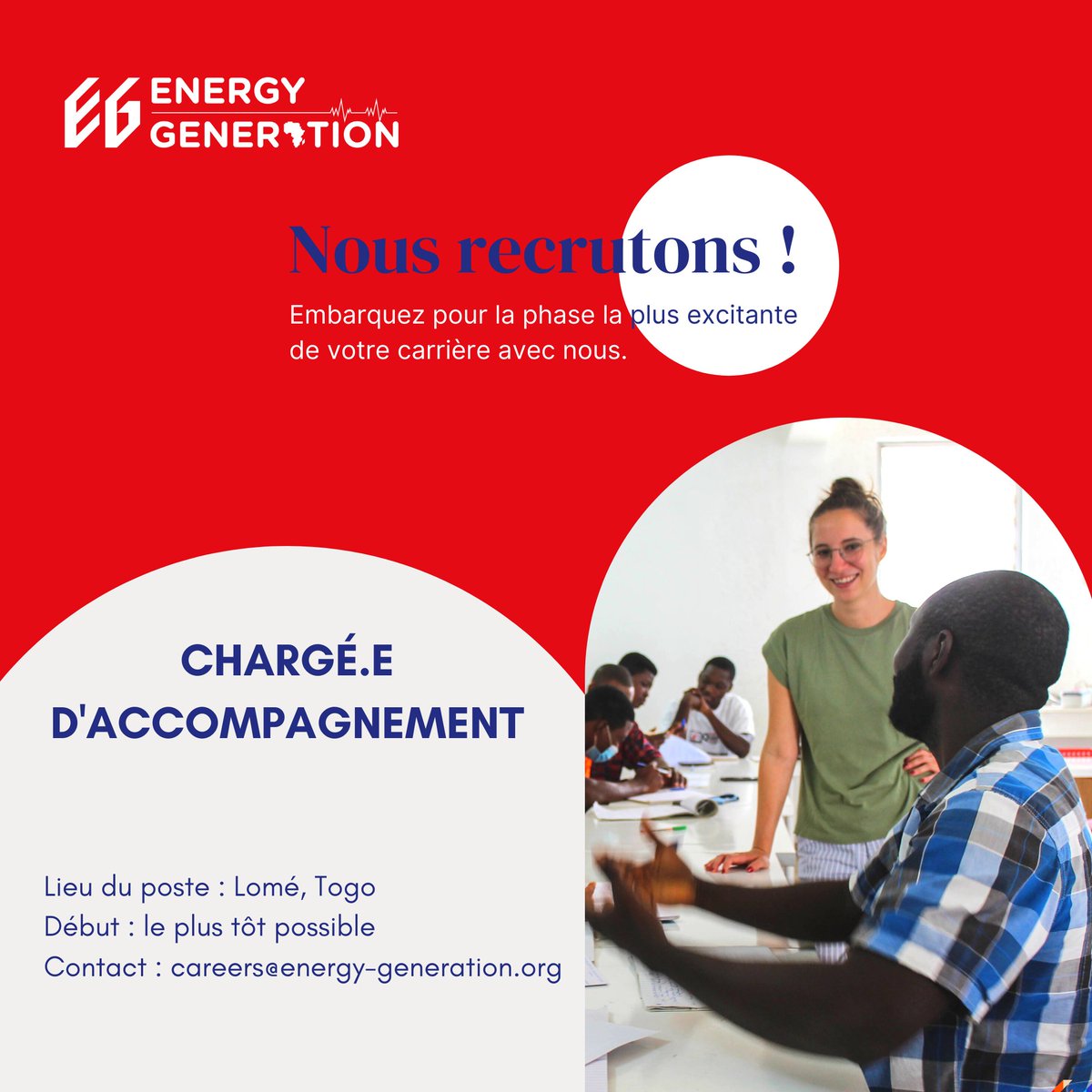 EnergyGenAfrica's tweet photo. #Jobalert
Nous cherchons un.e chargé.e d’accompagnement, qui travaillera aux côtés d' #entrepreneurs à fort potentiel et les accompagnera dans le développement de leur #projet d’entreprise.🚀
https://t.co/LP8zyOYXiV
#recrutement #wanted #offredeposte https://t.co/cKtlvcTjxq