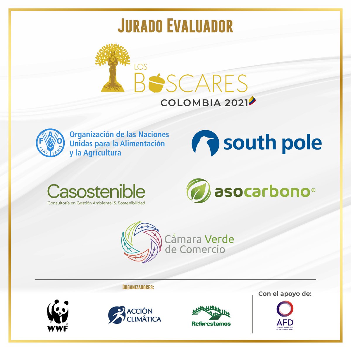 accionclima_'s tweet photo. Para la primera edición de Los Bóscares Colombia se conformó un jurado indpendiente para evaluar los proyectos de las empresas nominadas en cada categoría. Fue conformado por la @FAO_Colombia, @southpoleglobal, #asocarbono, @casostible y @CamaraVerdeOrg . https://t.co/79GRrKYt6R