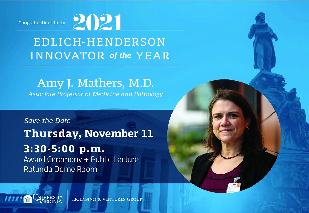 UVA Licensing & Ventures Group (@uvalvg) on Twitter photo Today is the day! Join us to honor the 2021 Edlich-Henderson Innovator of the Year, Dr. Amy Mathers. The award ceremony will be held this afternoon in the <a href="/RotundaUVA/">Jeffersonian Grounds</a> Dome Room beginning at 3:30 p.m. All are welcome. Today is the day! Join us to honor the 2021 Edlich-Henderson Innovator of the Year, Dr. Amy Mathers. The award ceremony will be held this afternoon in the <a href="/RotundaUVA/">Jeffersonian Grounds</a> Dome Room beginning at 3:30 p.m. All are welcome.