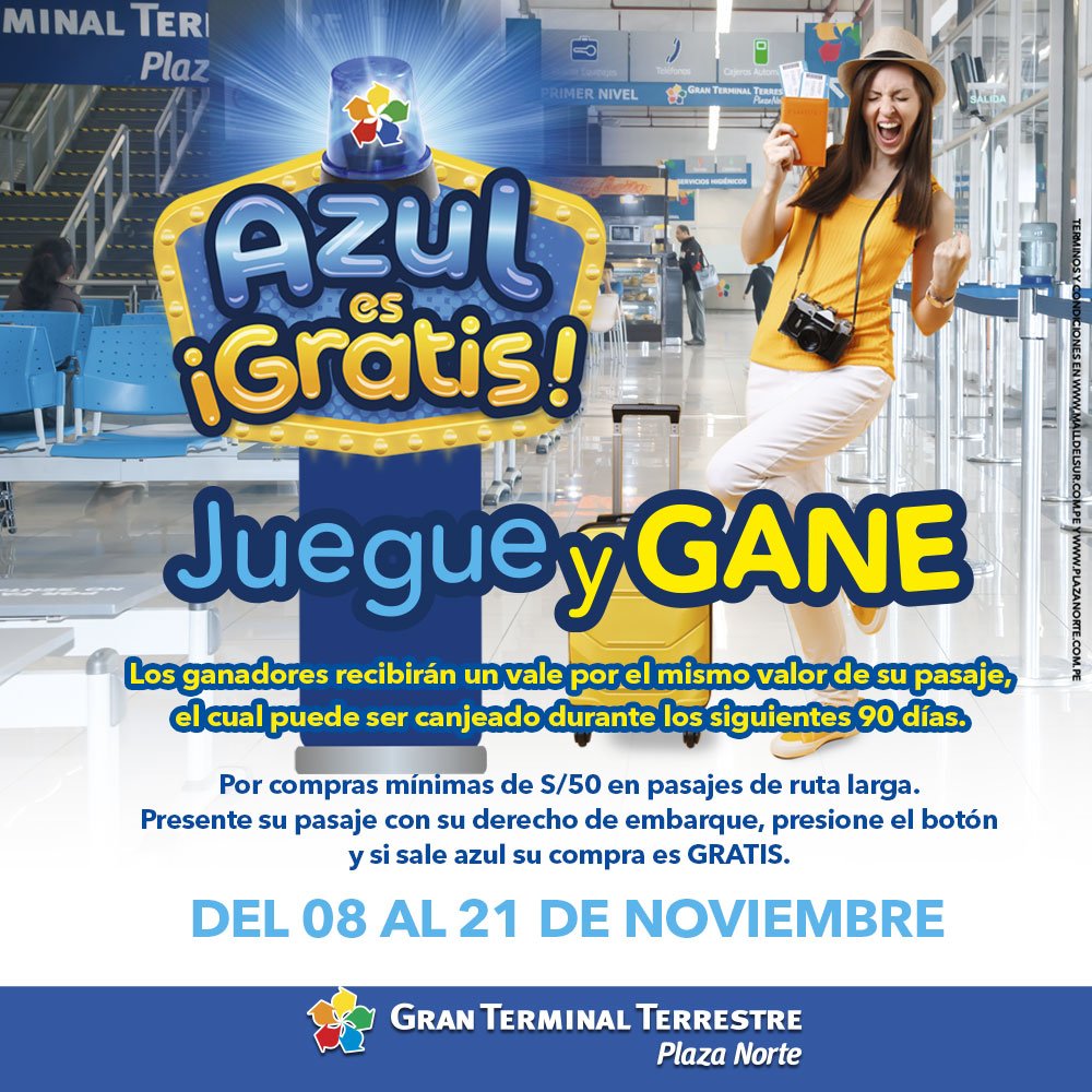 GranTerminal's tweet photo. ¡Atención viajeros! Con la finalidad de promover viajes responsables, el Gran Terminal Terrestre los invita a participar del juego: Azul es ¡Gratis! 🎉 Entérese más sobre este concurso en la siguiente nota 👉https://t.co/5cPbMaSWbN https://t.co/YGoiJmc0Ai