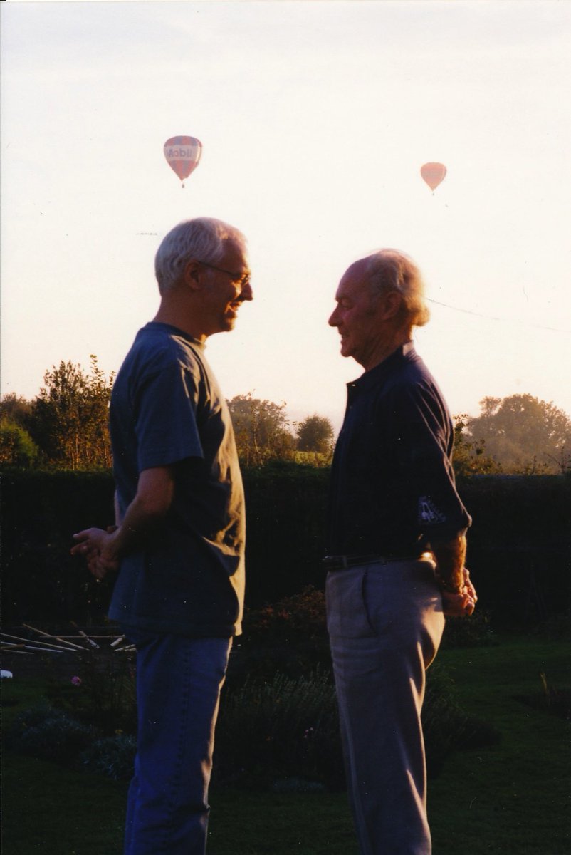 peterframpton's tweet photo. A face off plus balloons above with my Dad. I am so proud of him and his service during WWII and after. Many many thanks to all Veterans.  #respect #VeteransDay2021 #ThankYouForYourService https://t.co/zMozsy7Pne