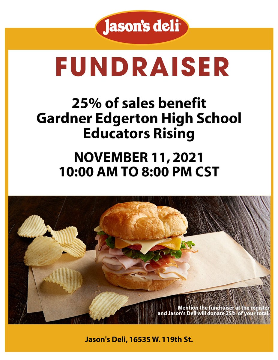 Join us at <a href="/jasonsdeli/">Jason's Deli</a>-Olathe for our Fundraiser! 10am to 8pm today. Dine-in, carry-out, and curbside. Phone and online orders are welcome. Just let the order taker know you are there for the GEHS-Ed Rising fundraiser! <a href="/GEHSBlazers/">Gardner Edgerton High School</a>