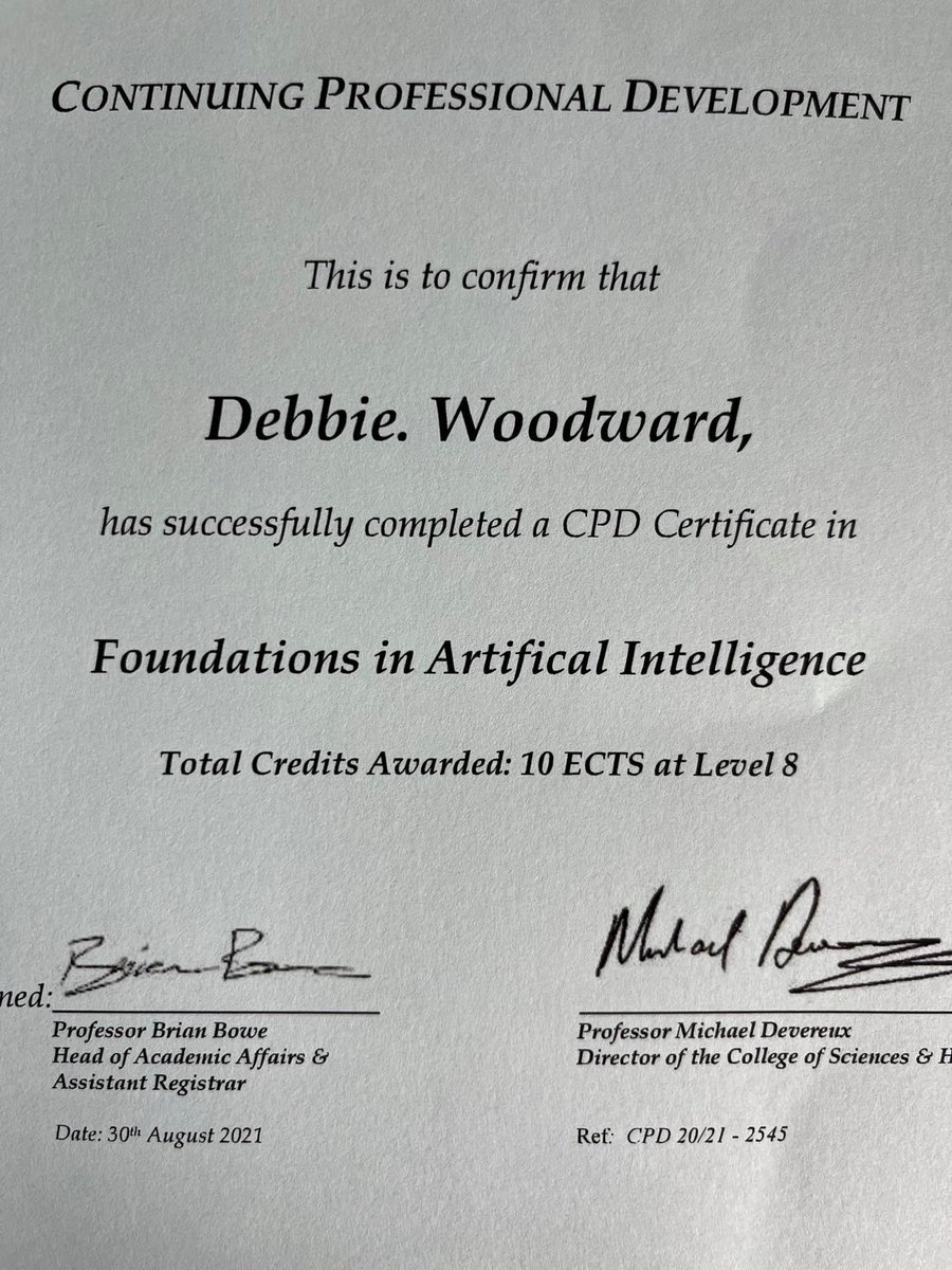 A huge thanks to Aoife and the team <a href="/KrisolisHQ/">Krisolis</a>, <a href="/women_in_ai/">Women in AI</a> &amp; <a href="/WeAreTUDublin/">TU Dublin / OT Baile Átha Cliath</a>. This was a fantastic course &amp; I'd highly recommend it to anyone with an interest in #artificialintelligence. #ai #machinelearning #womenindata @ICTSkillnet <a href="/tudublincompsci/">TU Dublin Computer Science</a> <a href="/Ale_xsandra/">Alessandra Sala</a> <a href="/sjdelany/">Sarah Jane Delany</a>