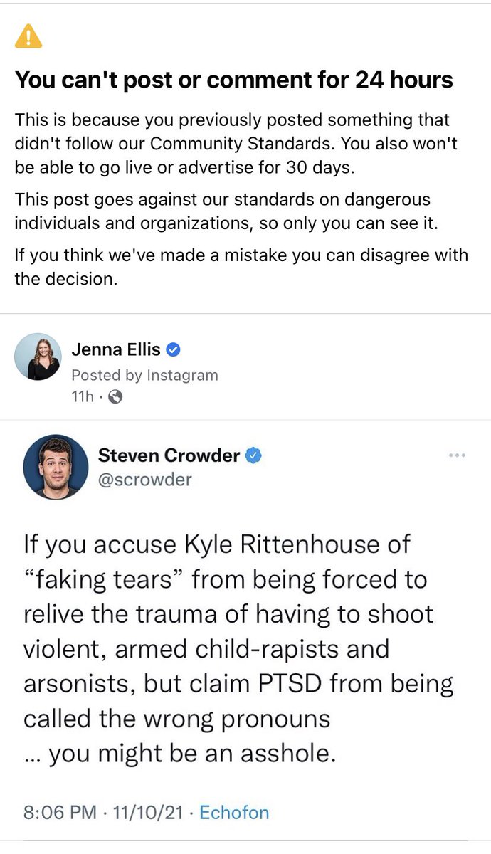 realJennaEllis's tweet photo. Apparently Facebook believes that this post from @scrowder is “encouraging terrorism.”

But media isn’t trying to frame the Rittenhouse narrative at all. 🙄 https://t.co/JwyfqCZlpZ
