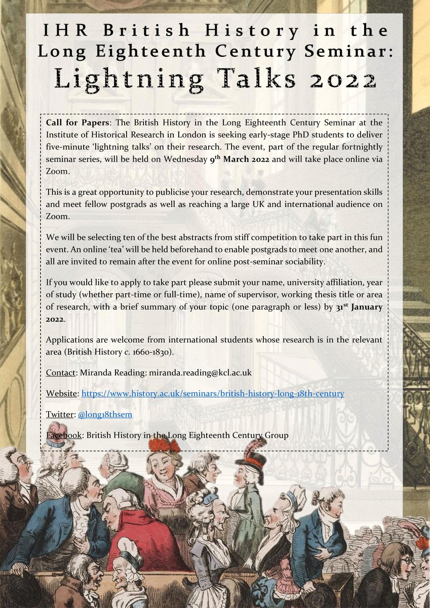 long18thsem's tweet photo. Are you an early-stage PhD student? Do you work on British history (broadly concieved) in the long 18th century? Then check out the CFP for our annual ⚡⚡Lightning Talks⚡⚡ event!

A great way to publicise your research &amp; network with fellow PhDs &amp; academics.

#twitterstorians https://t.co/wprbzuhVet