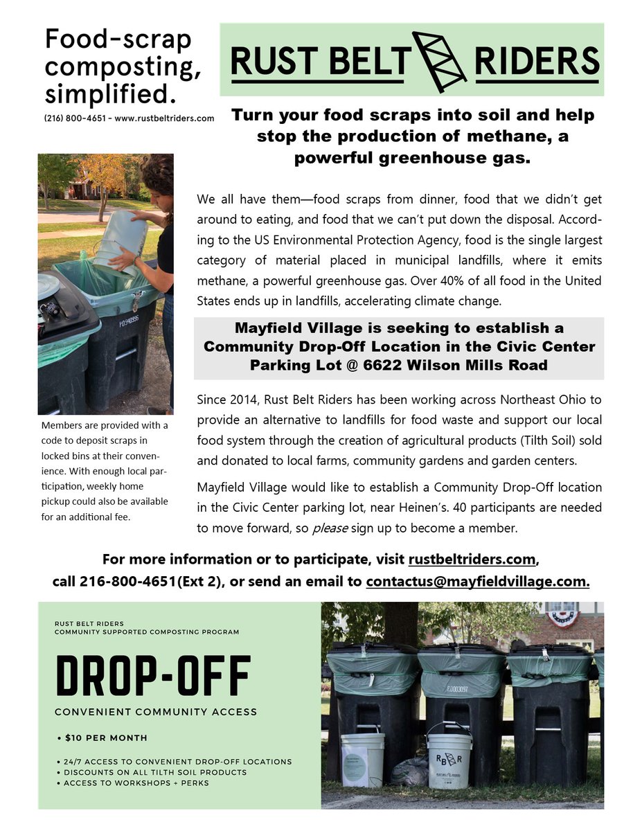 MV would like to establish a Community Drop-Off location in the Civic Center parking lot, near Heinen’s. 40 participants are needed to move forward, so please sign up to become a member. Click the image for more information on Rust Belt Riders.