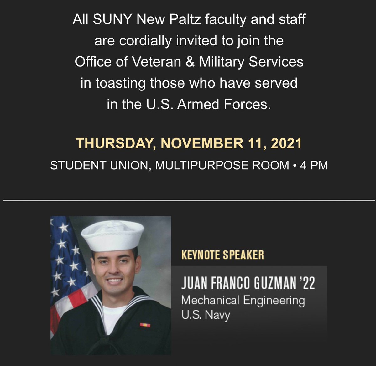 newpaltz's tweet photo. We are very excited to have our Veterans Day Toast in person this year to thank our men and women in uniform, past, present and future! @newpaltzvets #NPOVMS #NPsocial #NewPaltz #SUNYNewPaltz #SUNY https://t.co/te5y8YS4LJ