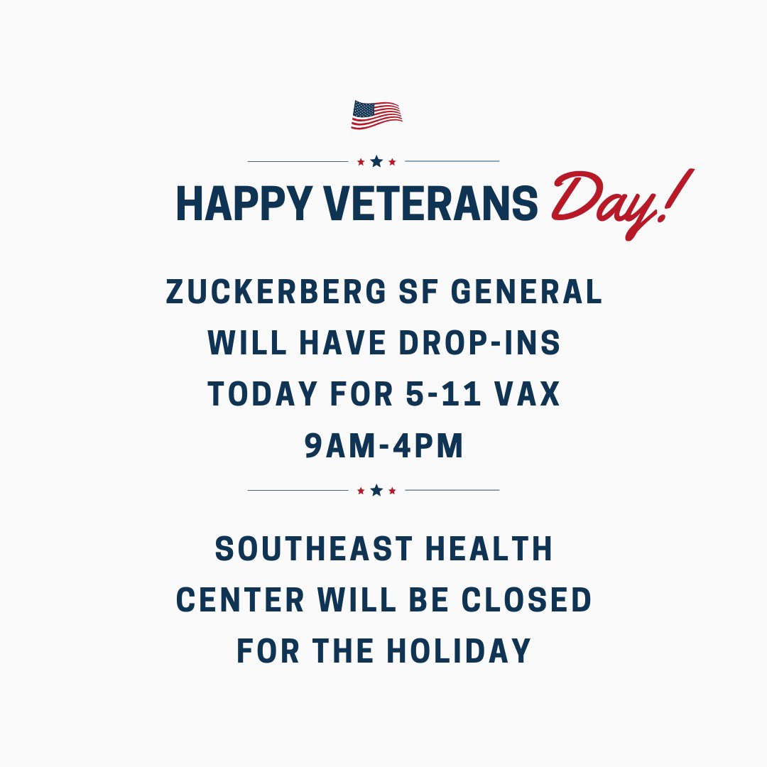 SF_DPH's tweet image. Today only: Ages 5-11 vaccine event, drop in 9am-4pm @ZSFGCare 1001 Potrero, Bldg 30, 2nd Fl. Also Southeast Health Center vax site is closed today for the holiday. Please retweet and share!