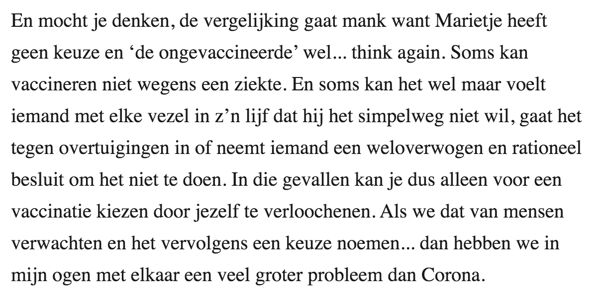 CoenHuibers's tweet photo. Mijn vrouw schreef een hartekreet n.a.v. de beangstigende retoriek over 'ongevaccineerden'. De slotalinea is mij uit het hart gegrepen.

'Als we mensen vragen zich te verloochenen en het dan een keuze noemen hebben we een veel groter probleem dan Corona.'

https://t.co/GbVn7pCiAF https://t.co/3v8gcIre0I
