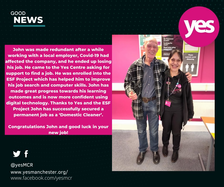 Hi everyone,
If you would like read more good news stories like John's, please visit our new look website by using this link:  yesmanchester.org