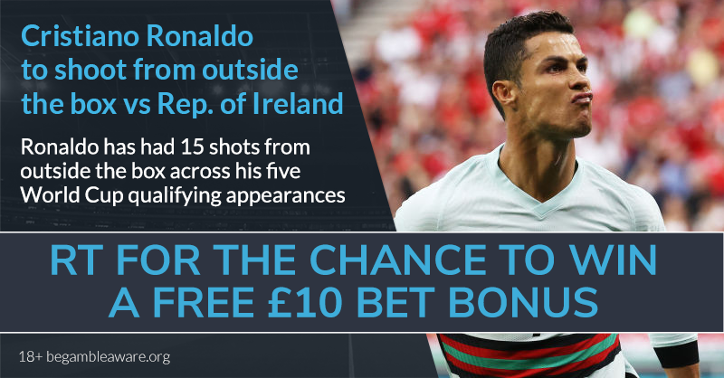 WhoScored's tweet photo. 🎁 For every shot Cristiano Ronaldo has from outside the box vs Rep. of Ireland tonight we'll give away five FREE £10 bet bonuses

🤷‍♂️ All you have to do is 𝗥𝗧 𝘁𝗵𝗶𝘀 𝗽𝗼𝘀𝘁 𝗳𝗼𝗿 𝗮 𝗰𝗵𝗮𝗻𝗰𝗲 𝘁𝗼 𝘄𝗶𝗻

🔞 T&amp;Cs apply - https://t.co/Wnlj3qDX7f https://t.co/Xop6PpMz9o
