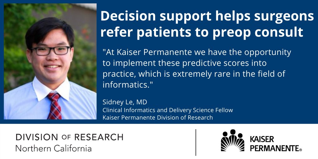 KPDOR's tweet photo. New in @AnnalsofSurgery:  Sidney Le @sidtle, Vincent Liu, Laura Myers @MDqualitysafety, Bradley Cohn develop #decisionsupport to triage patients to preop consult.  

Read more: https://t.co/45sR78lpTc

Study: https://t.co/mzR3cMxclu

 @PermanenteDocs @TPMGDocCareers @KPDORDSF https://t.co/3AX4OEr4EY