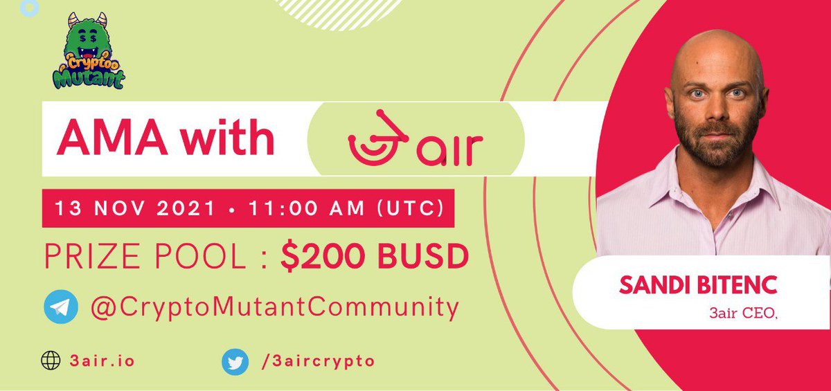 CryptoMutant's tweet photo. Next AMA!

https://t.co/Otqd6u216W 
13 November 2021 | 11 : 00 AM

👉https://t.co/gQEF9vq4Mm

💴 5 Best Questions will be selected

✅Follow : @3aircrypto
✅Join : @my3air
✅Like &amp; RT, tag 3 friends,ask questions bellow: 
(MAX 2 QUESTIONS)

#CryptoMutant #AMA #3Air https://t.co/PVD11phPZ9