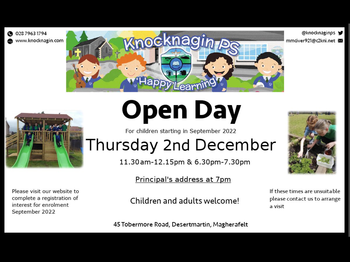 🌟😁😁🌟Open Day 🌟😁😁🌟
Thursday 2nd December 
For children starting Primary 1 in September 2022
11.30am - 12.15pm or 6.30pm - 7.30pm
Children and adults welcome 🤗 
<a href="/FKnocknagin/">friends of knocknagin</a> <a href="/DesertmartinGAC/">Desertmartin GAC</a> 
knocknagin.com