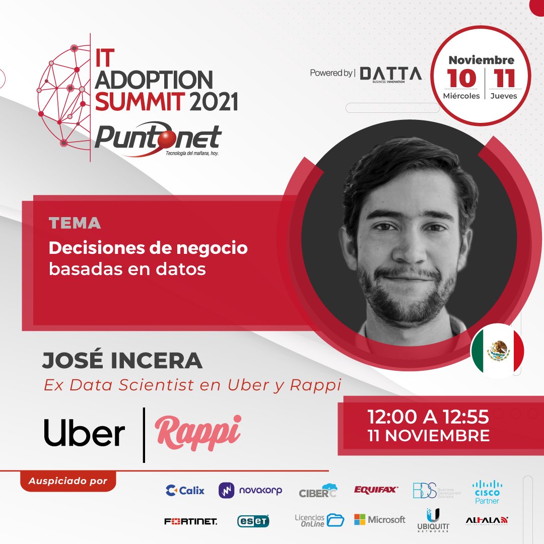 DattaEC's tweet photo. Llegó el momento de @jincerar, Ex Data Scientist en @Uber_MEX  y @RappiMexico para hablar sobre las decisiones de negocio basadas en datos. 

Sé parte de esta gran charla en el #SUMMITPUNTONET
REGÍSTRATE: https://t.co/Gb0xAPkuGD https://t.co/ApzFHRr1aU