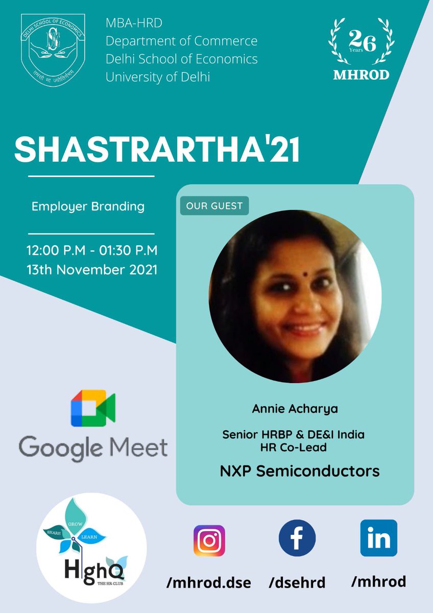 mba_dse's tweet photo. HighQ The HR club is elated to host the 4th session of Shashtrartha ' 21  with our Guest Speaker
Mrs. Annie Acharya-  Senior HRBP &amp; DE&amp;I India HR Co-Lead at NXP Semiconductors to deliver an insightful lecture on "Employer Branding".We are extremely thankful for this opportunity. https://t.co/DL1xl9Nb4H